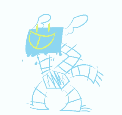 a drawing of a blue monster with a yellow smile on its face .