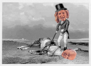 a black and white drawing of a woman in a top hat pulling a dead horse