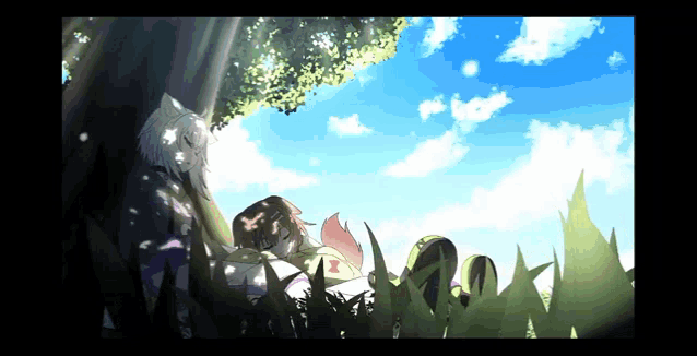 a couple of anime characters sitting under a tree