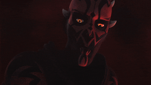 a close up of a cartoon character 's face with glowing eyes
