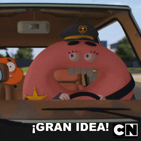 a cartoon of a donut driving a car with the words gran idea on the bottom