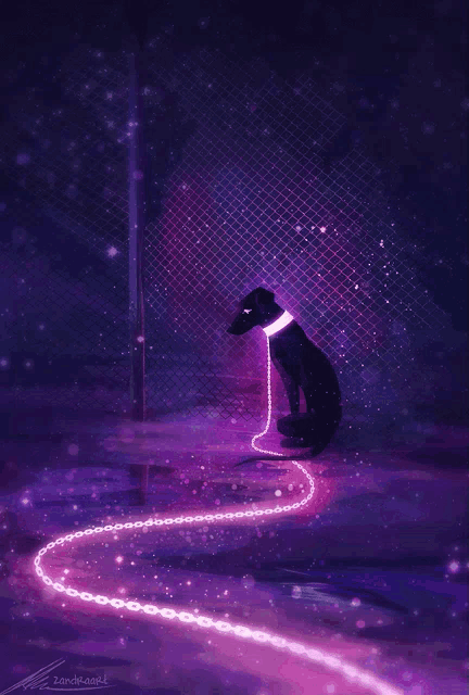 a painting of a dog on a leash with the name zandhagel on the bottom left