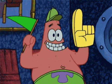 patrick star from spongebob holds a green flag and a yellow finger