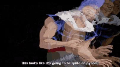 a pixelated image of a man with the words " this looks like it 's going to be quite enjoyable " below him