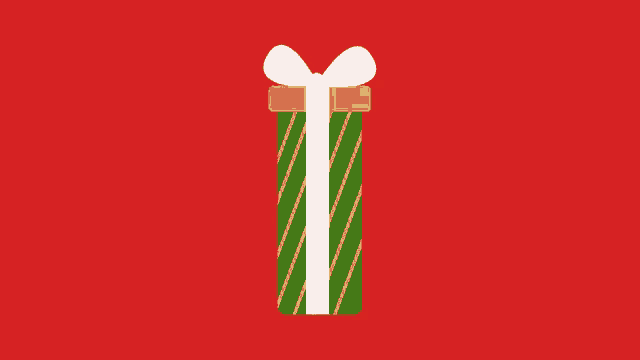a green striped gift box with a white bow on a red background