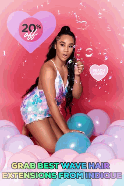 a woman blowing soap bubbles in front of balloons with the words grab best wave hair extensions from indicque on the bottom