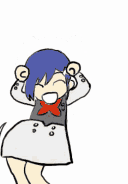 a drawing of a girl with blue hair and a red scarf on her neck