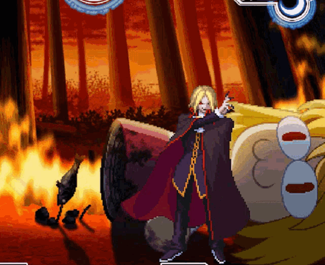 a pixel art of a man in a cape standing in a forest