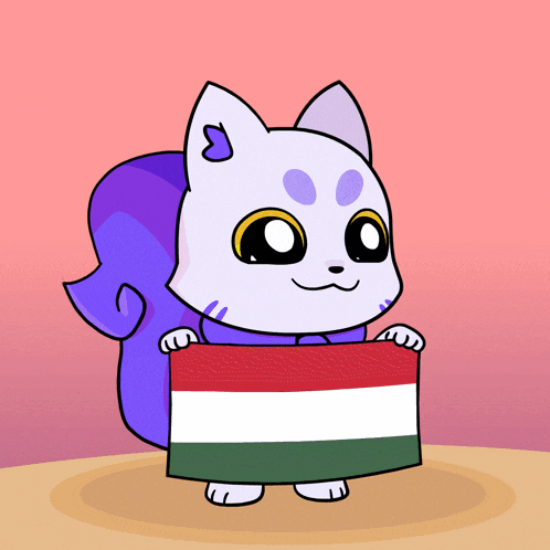 a cartoon cat holding a hungarian flag in its paws