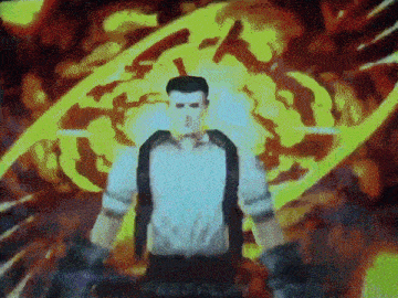 a video game screen shows a man standing in front of an explosion and the word replay on the bottom