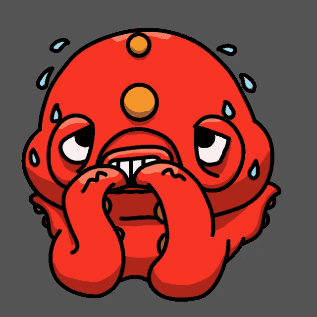 a cartoon drawing of a red octopus covering its mouth with its tentacles