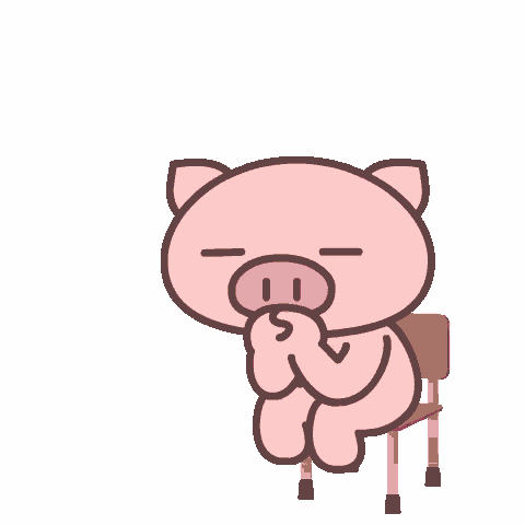 a cartoon pig is standing next to a cardboard chair with its eyes closed .