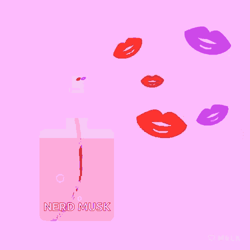 a bottle of nerd musk perfume surrounded by red and purple lips