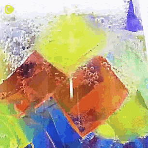 a colorful painting with a yellow circle in the corner