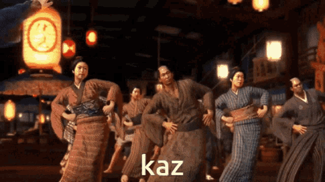 a group of people are dancing in a video game and the word kaz is on the bottom