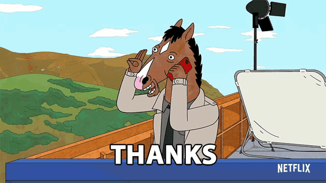 a cartoon of a man with a horse head talking on a cell phone and the words thanks netflix below him