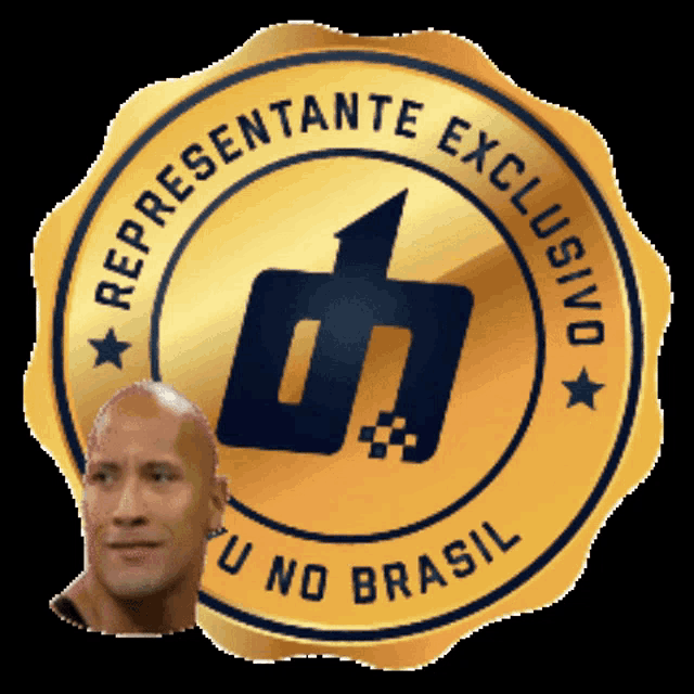 a man 's face is behind a gold emblem that says ' representante exclusivo ' on it