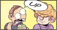 two cartoon characters are talking to each other and one has a speech bubble that says up