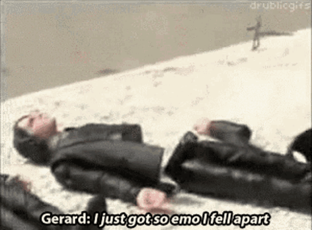 a doll laying on the floor with the words " gerard i just got so emo i fell apart "
