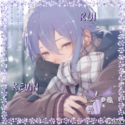 a picture of a girl with purple hair and the name kevin on the bottom