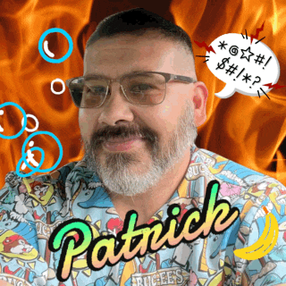 a man with a beard and the name patrick