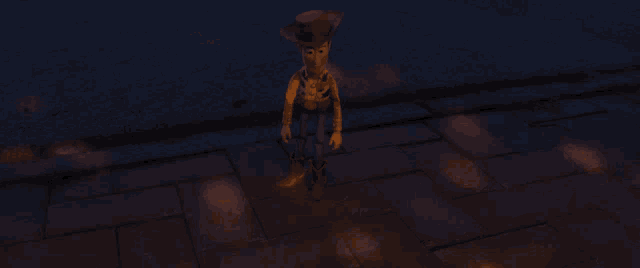 woody from toy story is standing on a brick sidewalk