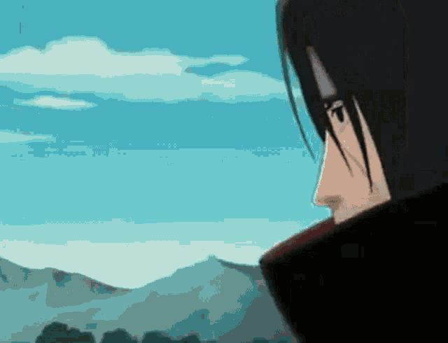 itachi uchiha from naruto is looking at the mountains in the distance .