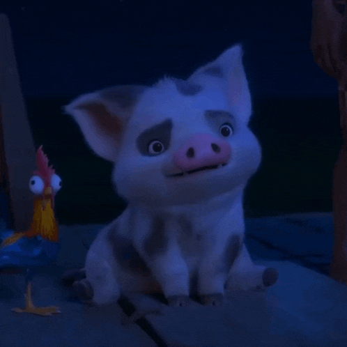 a cartoon pig is sitting next to a chicken in a dark room