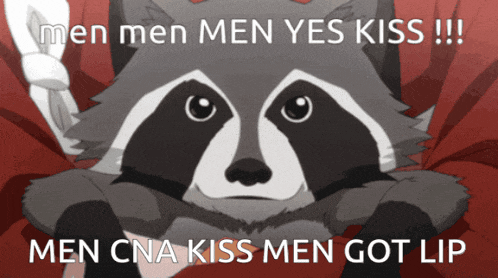 a raccoon with the words men men men yes kiss men cna kiss men got lip on the bottom