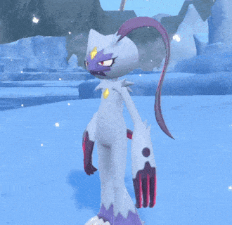 a cartoon character with a purple tail is standing in a snowy area