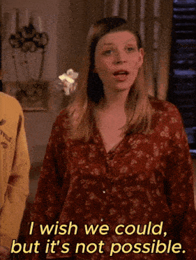 a woman in a red floral shirt says i wish we could but it 's not possible
