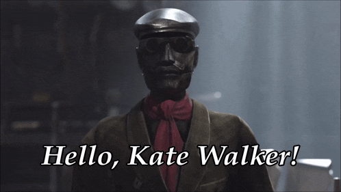 a man wearing a hat and scarf with the words hello kate walker written below him