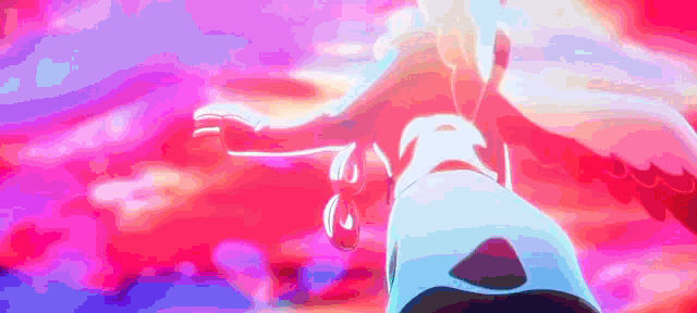 a person is standing in front of a pink and blue background