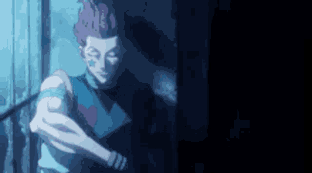 a man with purple hair is standing in a dark room holding a gun .