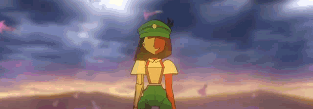 a cartoon girl with a green hat and suspenders is standing in the middle of a field .