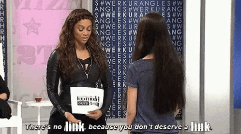 two women standing next to each other with one saying " there 's no link "