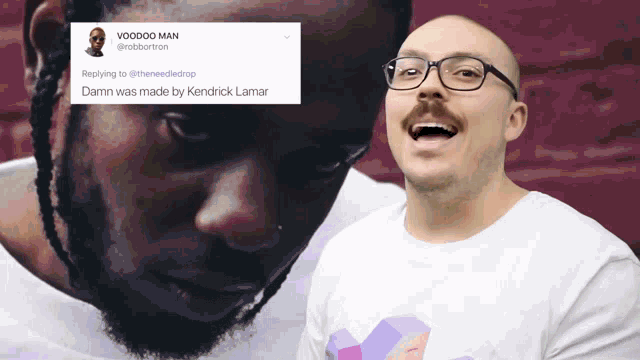 a bald man with glasses and a mustache is laughing in front of a picture of a man with a beard