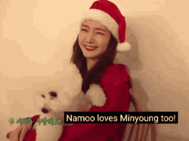 a woman is wearing a santa hat and holding a small white dog