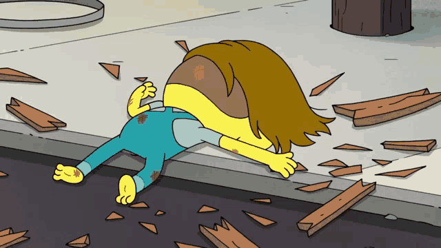 a cartoon character is laying on the ground with a broken leg
