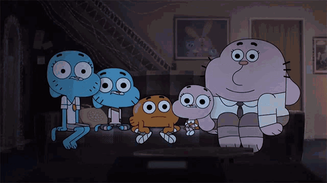 a group of cartoon characters sitting on a couch in a dark room