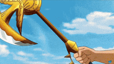 a cartoon drawing of a hand holding a golden axe with a blue sky in the background