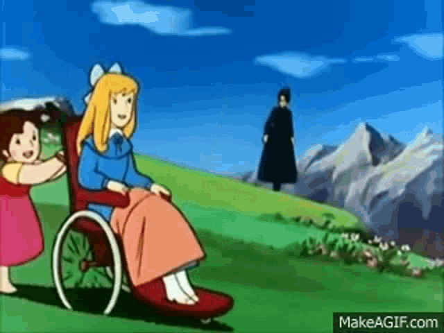 a little girl is pushing a woman in a wheelchair on a hill .