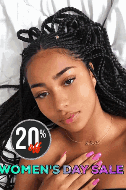a woman laying on a bed with the words women 's day sale on the bottom