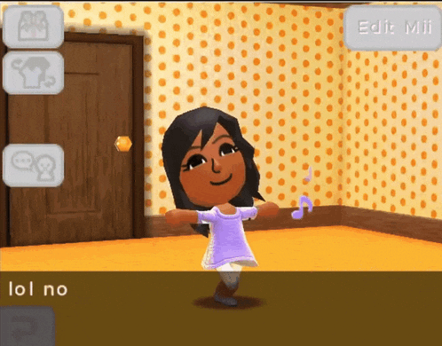 a girl in a purple dress is dancing in a room with polka dots on the wall and a button that says edit mii