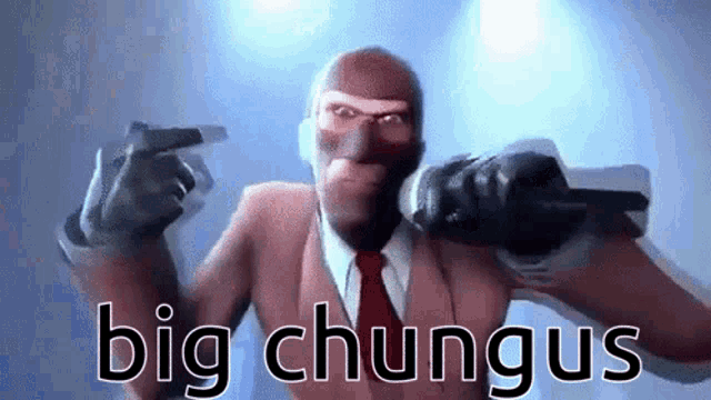 a man in a suit and tie is pointing a gun at the camera with the words big chungus below him .