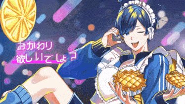 a girl in a maid outfit is holding a pie and talking on a phone
