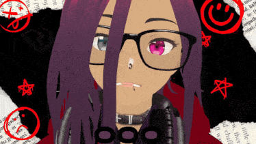 a girl with purple hair and glasses is surrounded by a smiley face and a star
