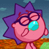 a pink cartoon character wearing glasses and a purple star on his head is blowing a bubble .