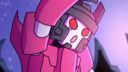 a cartoon drawing of a pink robot with red eyes and a helmet on .