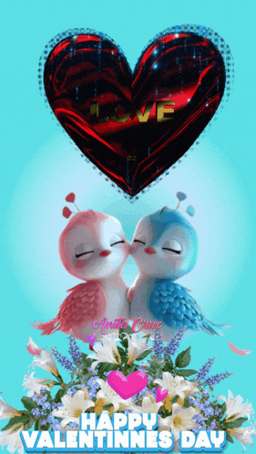 a happy valentine 's day greeting card with two birds kissing under a heart shaped balloon